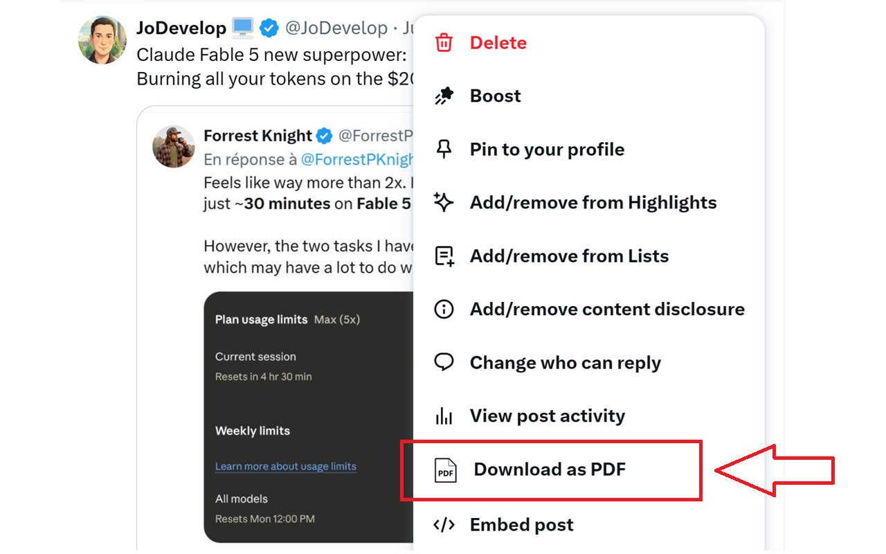 Download as PDF action inside the X menu